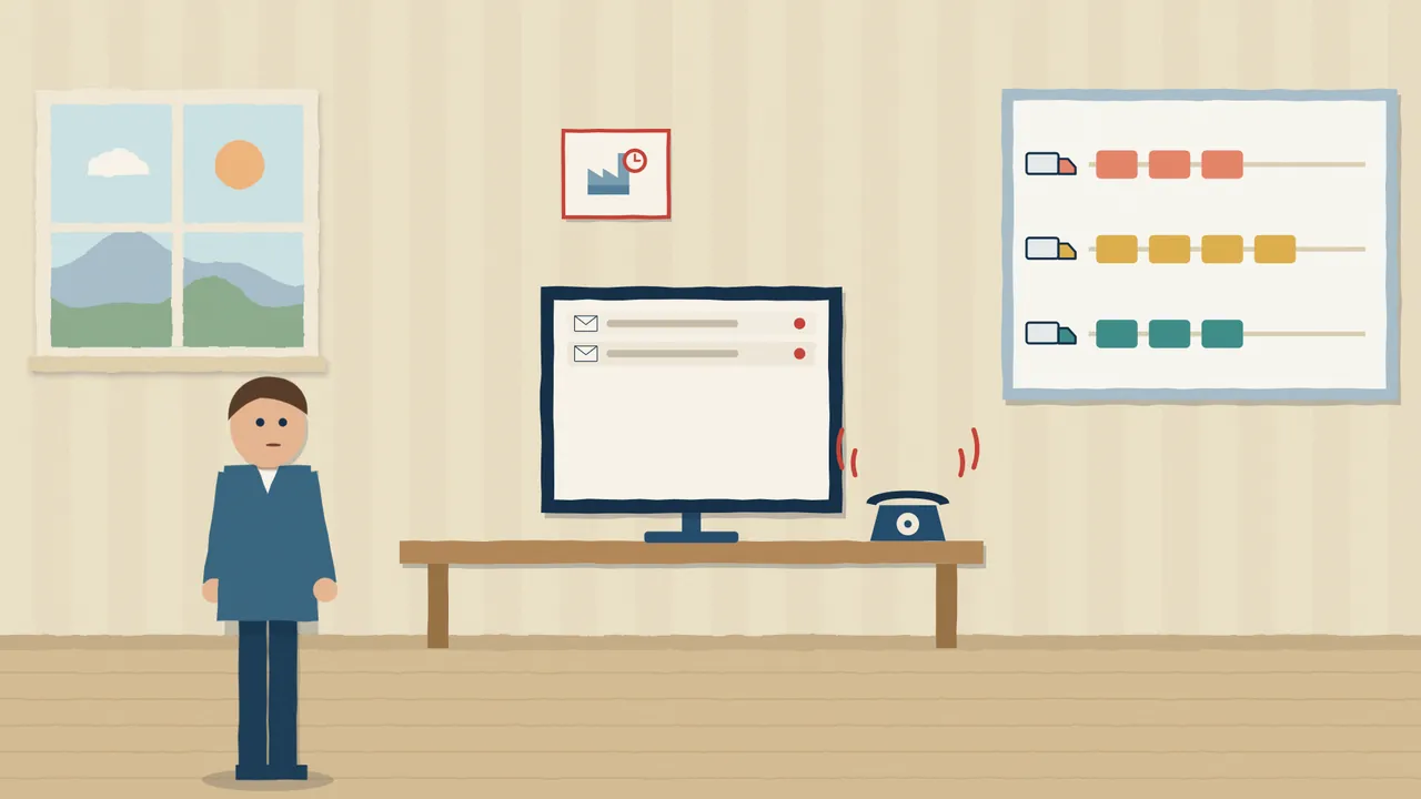 Papercut-illustratie: het bureau van een planner met een volle inbox, een rinkelende telefoon en kaartjes voor een late leverancier, een gewijzigde order en een zieke chauffeur