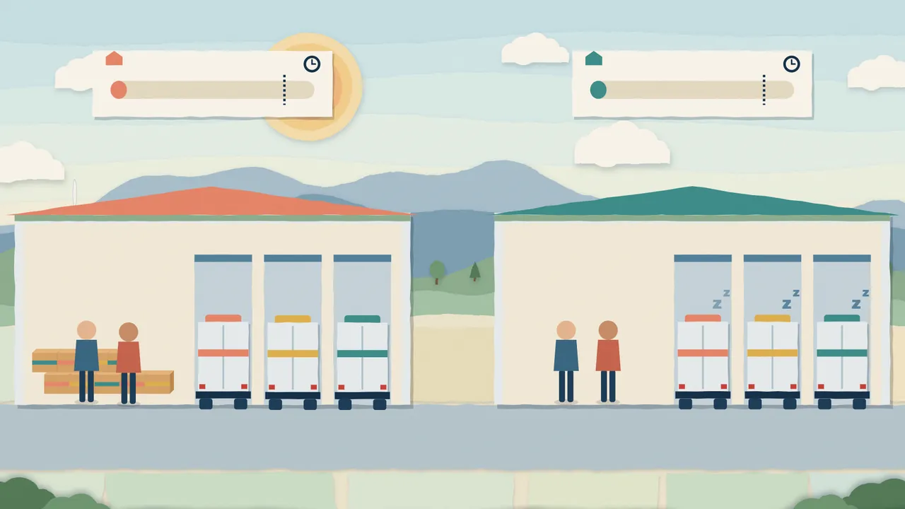 Paper-cut illustration: two depots side by side, one swamped with parcels and busy staff, the other quiet with trucks standing still