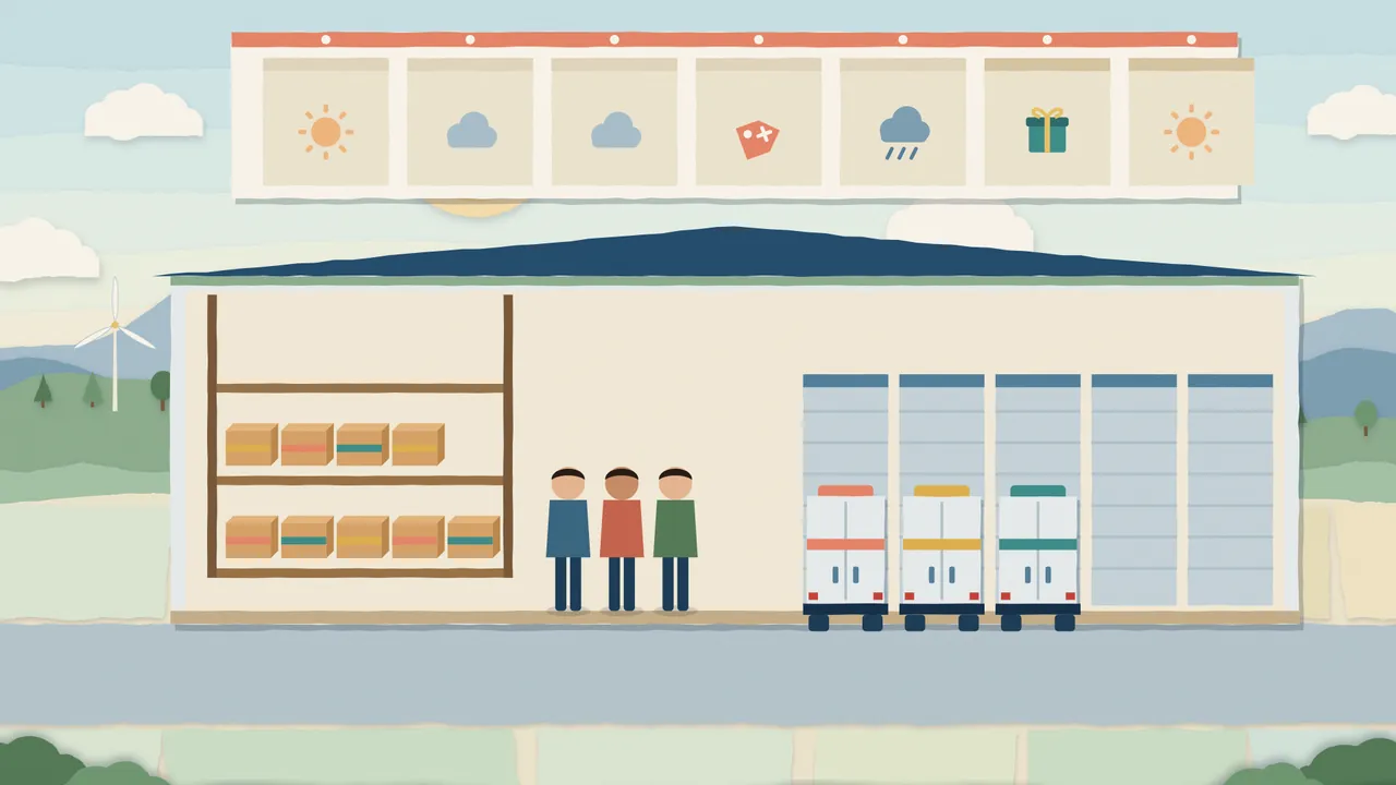 Paper-cut illustration: next week's calendar with weather, a promotion and a holiday above a depot with shelves, a team and trucks