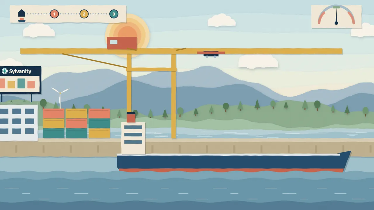 Paper-cut illustration: a container terminal with a gantry crane and an empty ship at the berth