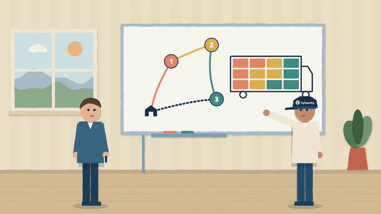 Papercut-illustratie: een planner en een collega van Sylvanity bij een whiteboard met een route en een volgeladen vrachtwagen