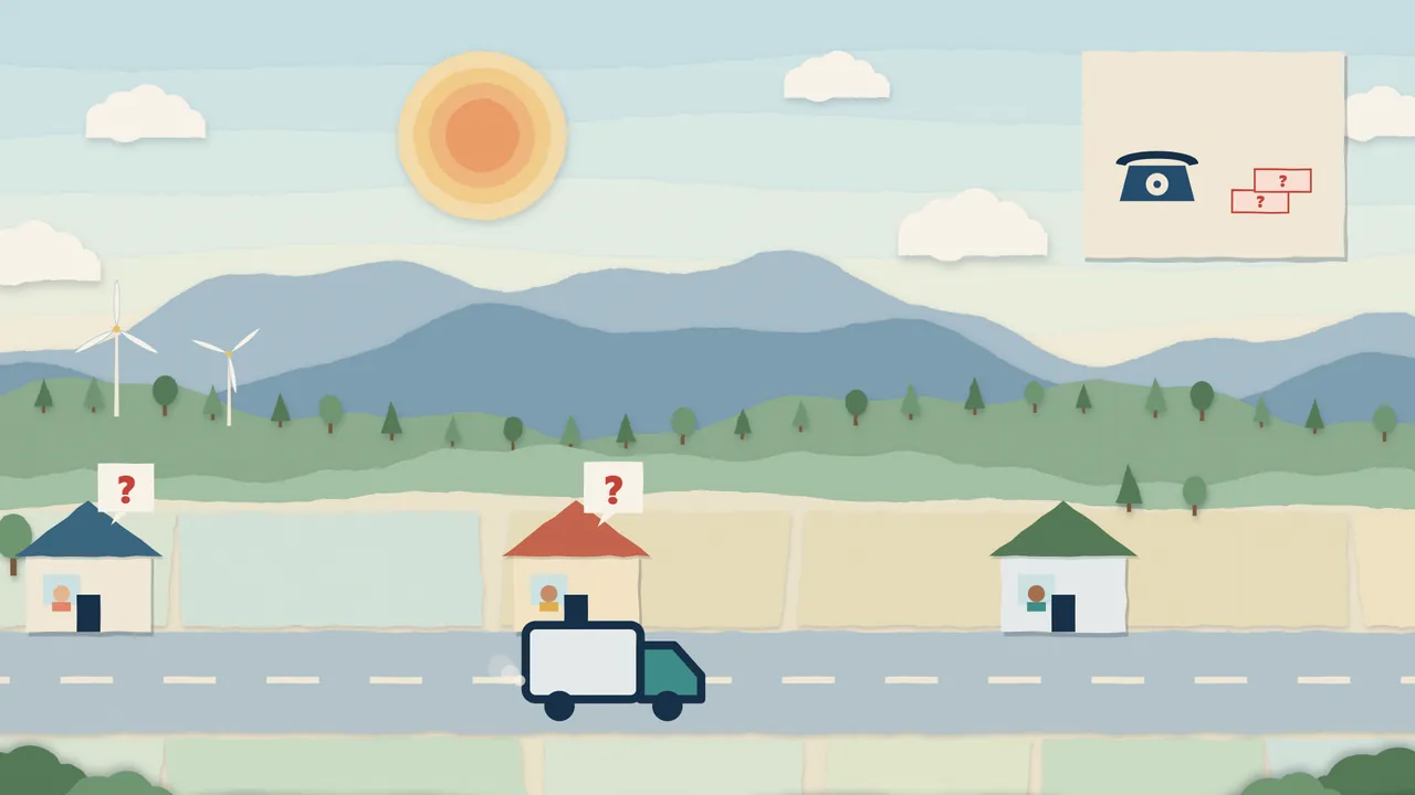 Papercut-illustratie: een straat met huizen, boven elk huis een vraagteken, en de telefoon van een planner die rinkelt