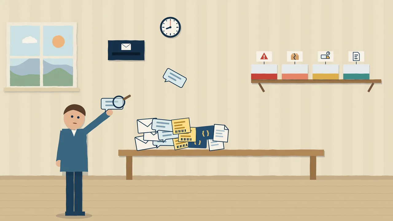 Papierknipfilm: een bureau vol berichten die Agentyk Decision in de juiste bakjes sorteert